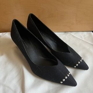 Black tweed pointed toe pumps with pearl detailing